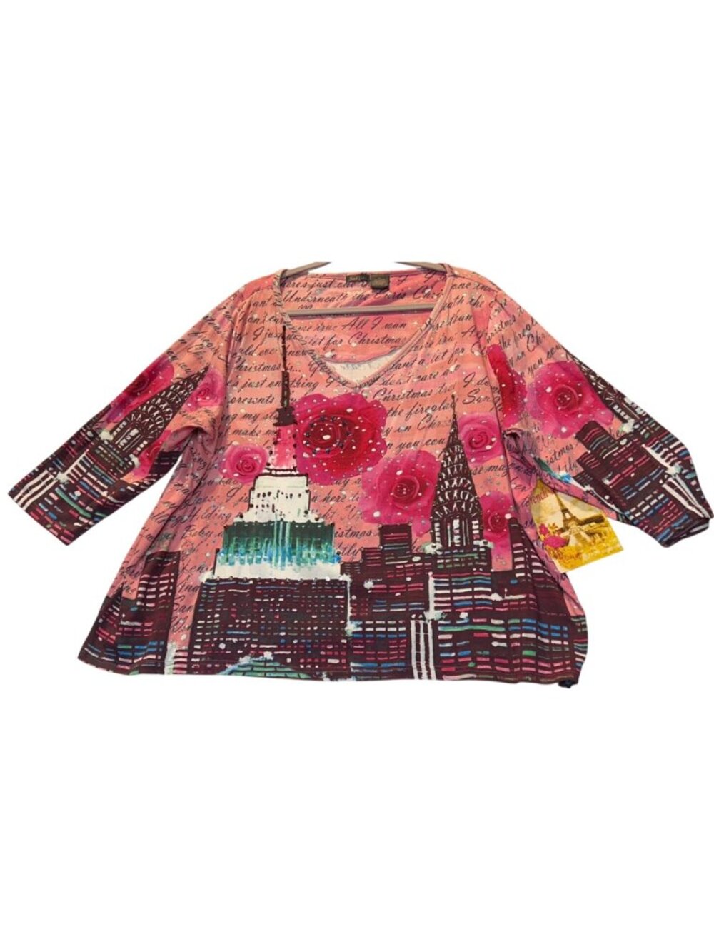 French Postcards Womens 3X Pink V-Neck Top w Cityscape & Floral Print 3/4 Sleeve